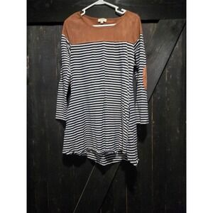 Umgee USA Striped Long Sleeve Tunic Top Suede Elbow Patches Navy Brown Small